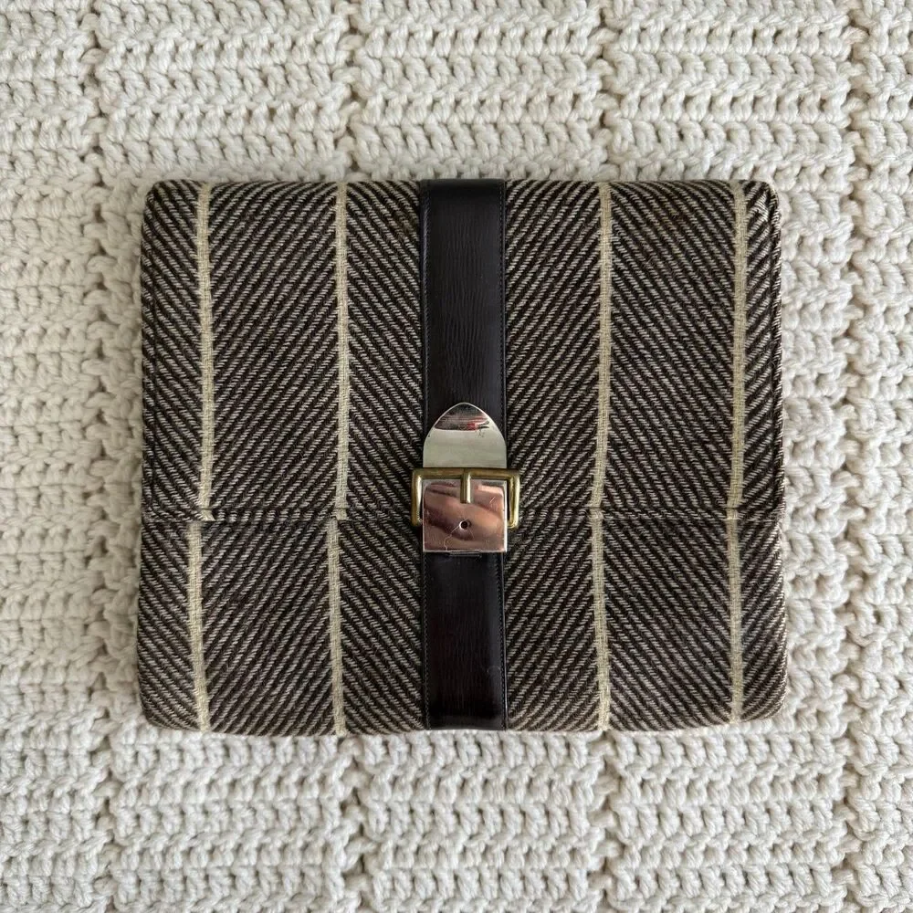 VTG Dual Pocket Clutch Purse Handbag With Brown Wool Herringbone Made In England